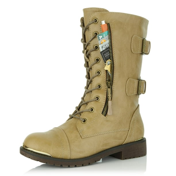 US M 7 B Quilted Tan Pu DailyShoes Womens Military Lace Up Buckle Combat Boots Mid Knee High Exclusive Quilted Credit Card Pocket